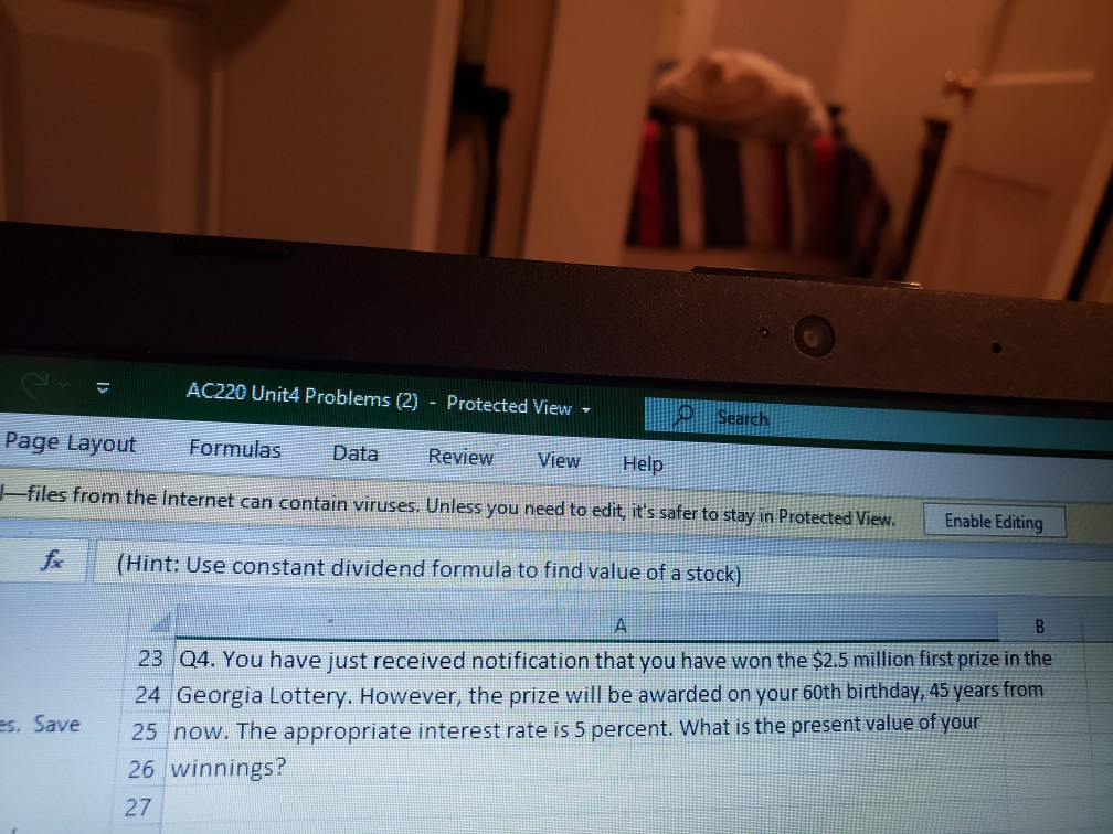 please screenshot problem worked out on excel worksheet AC220 Unit4 Problems