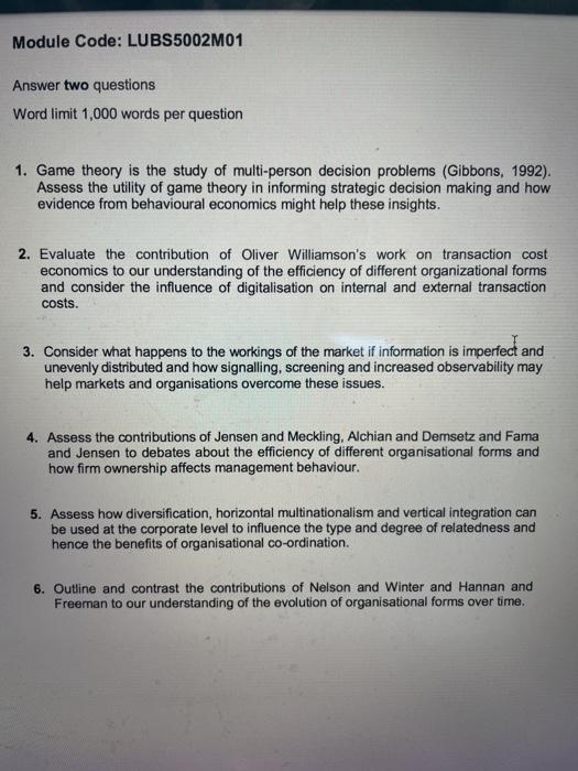  Module Code: LUBS5002M01 Answer two questions Word limit 1,000 words per