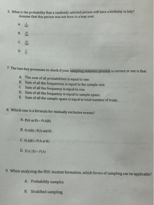  Multiple choice: 5. What is the probability that a randomly selected