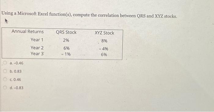  Using a Microsoft Excel function(s), compute the correlation between QRS and