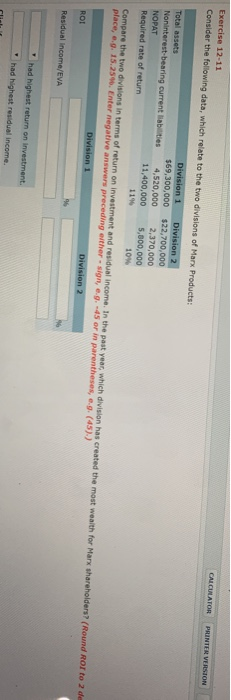  CALCULATOR PRINTER VERSION Exercise 12-11 Consider the following data, which relate