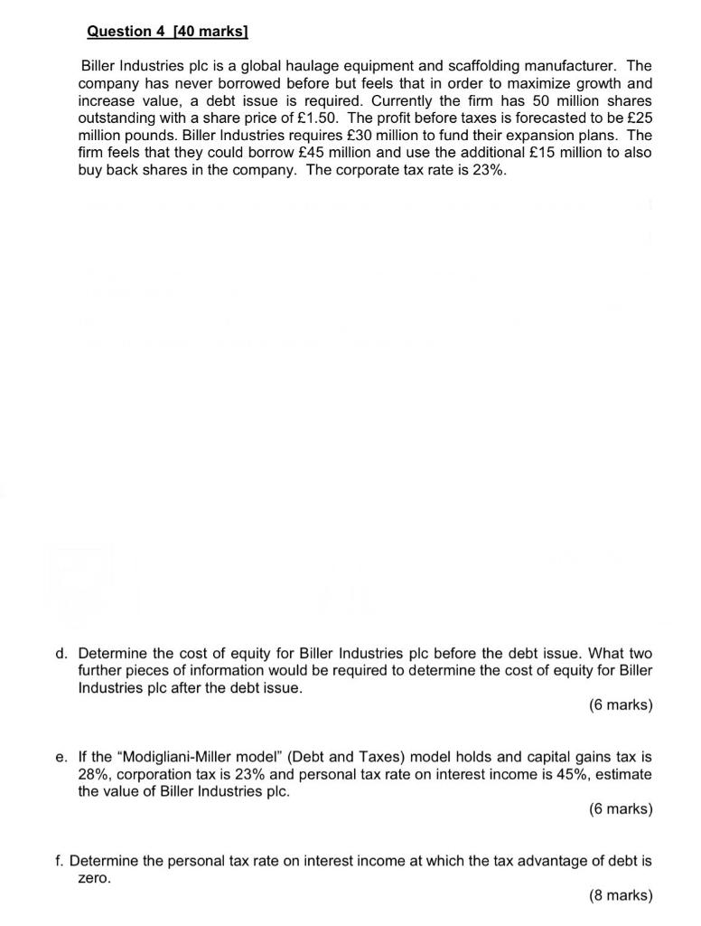 Question 4 [40 marks Biller Industries plc is a global haulage