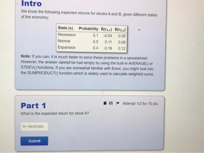  Intro We know the following expected returns for stocks A and
