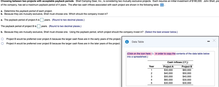 is considering two mutually exclusive projects. Each requires an initial investment of