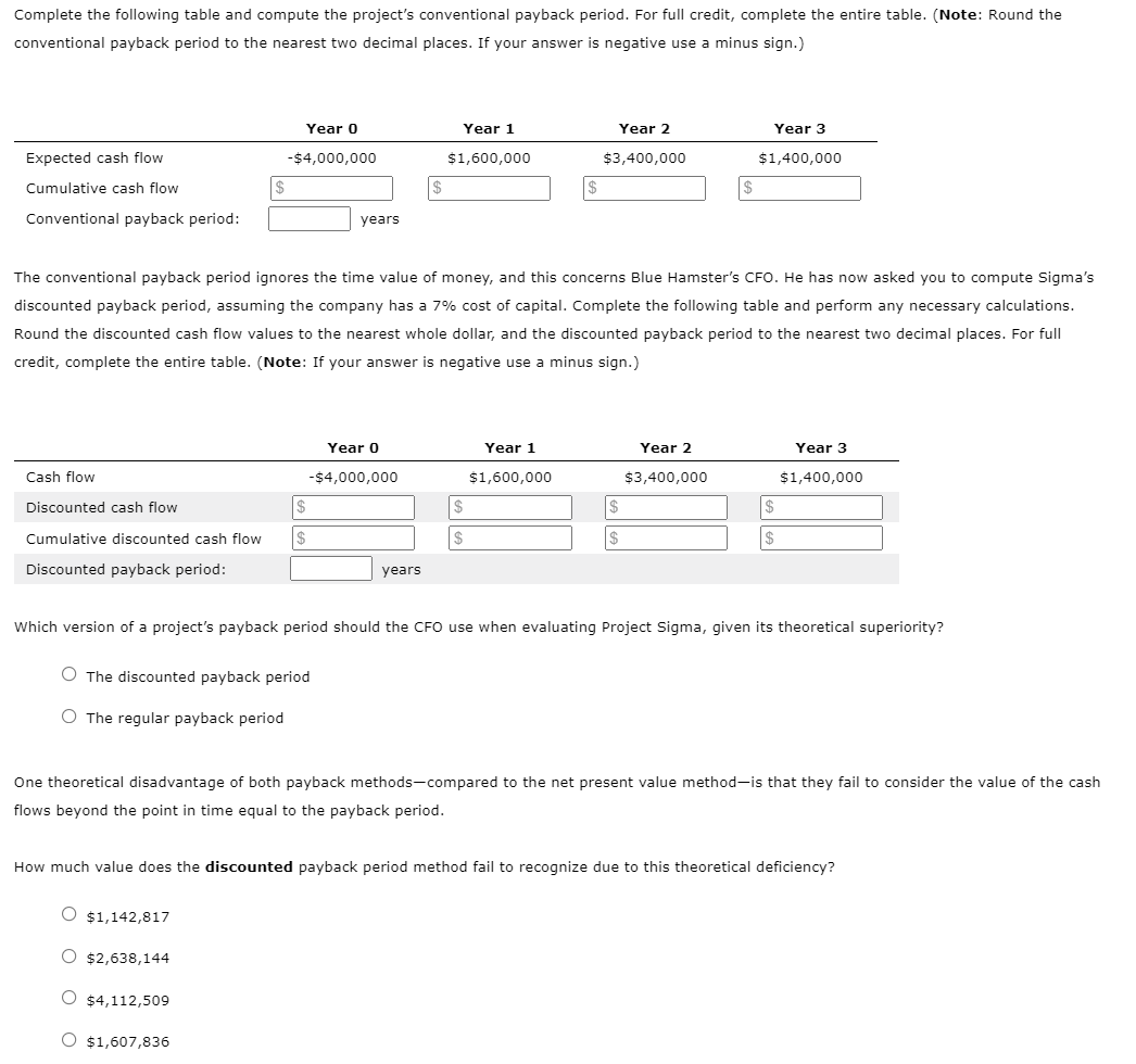 Complete the following table and compute the project's conventional payback period.