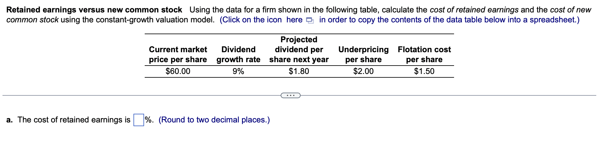  Retained earnings versus new common stock Using the data for a