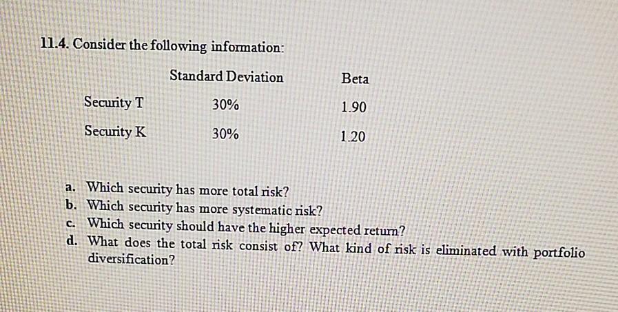 11.4. Consider the following information: Standard Deviation Beta Security T 30%