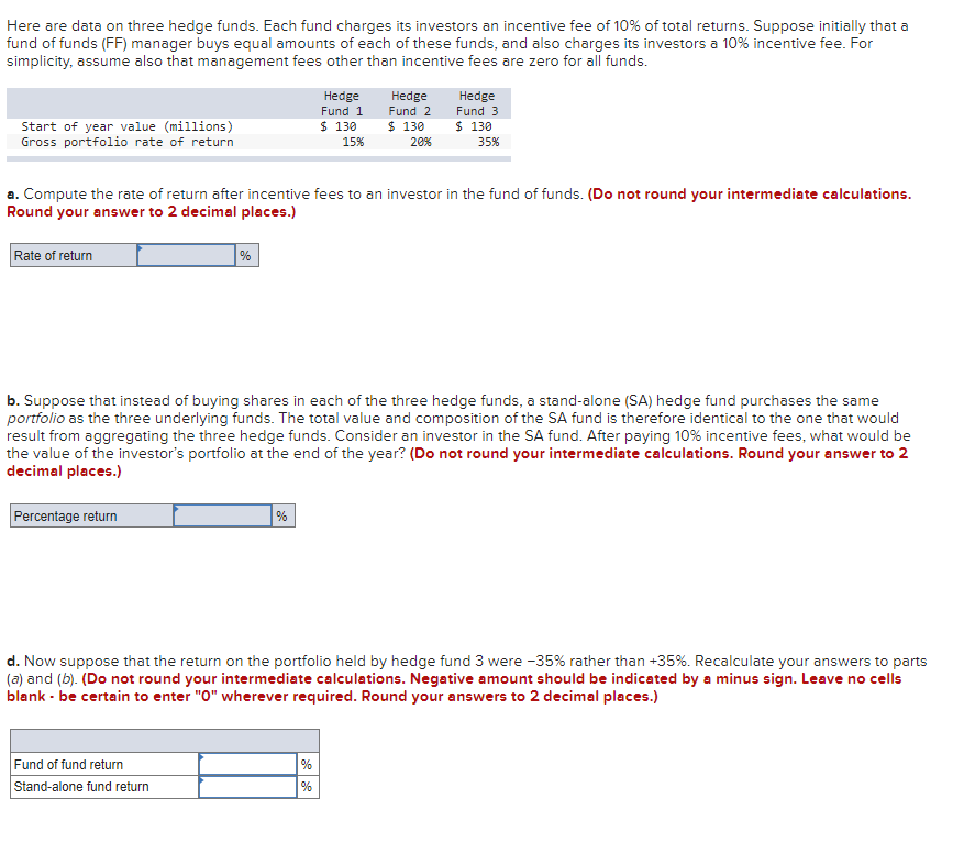 Please answer all Here are data on three hedge funds. Each fund