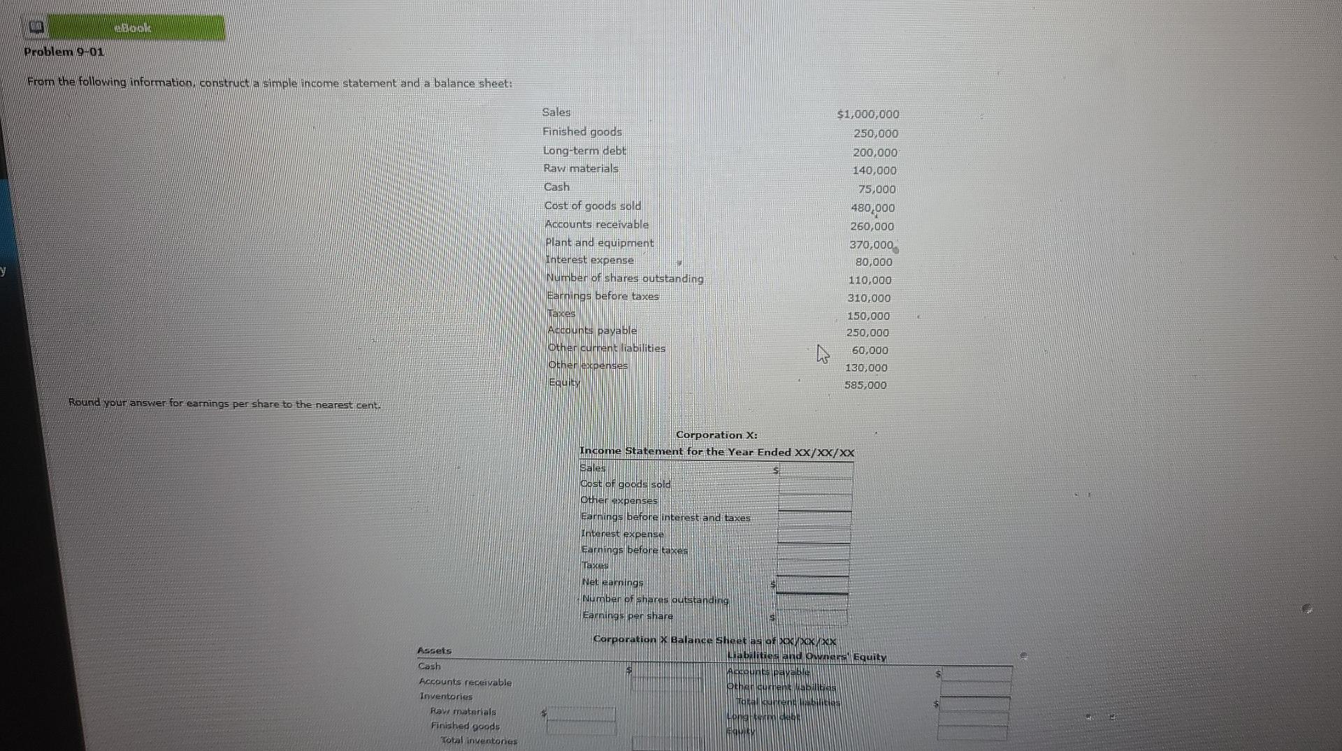  Www Problem 9 01 From the following information, construct a simple