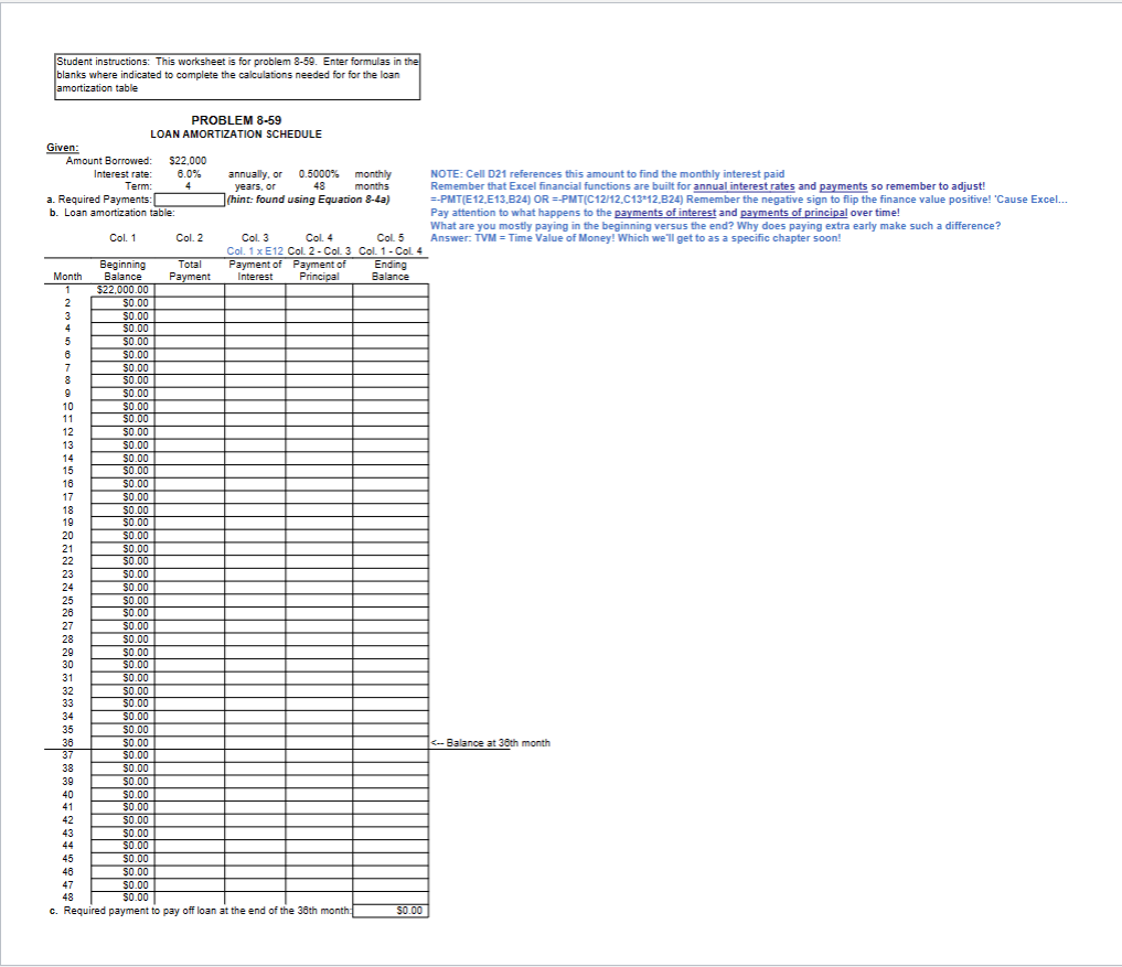 Student instructions: This worksheet is for problem 8-59. Enter formulas in