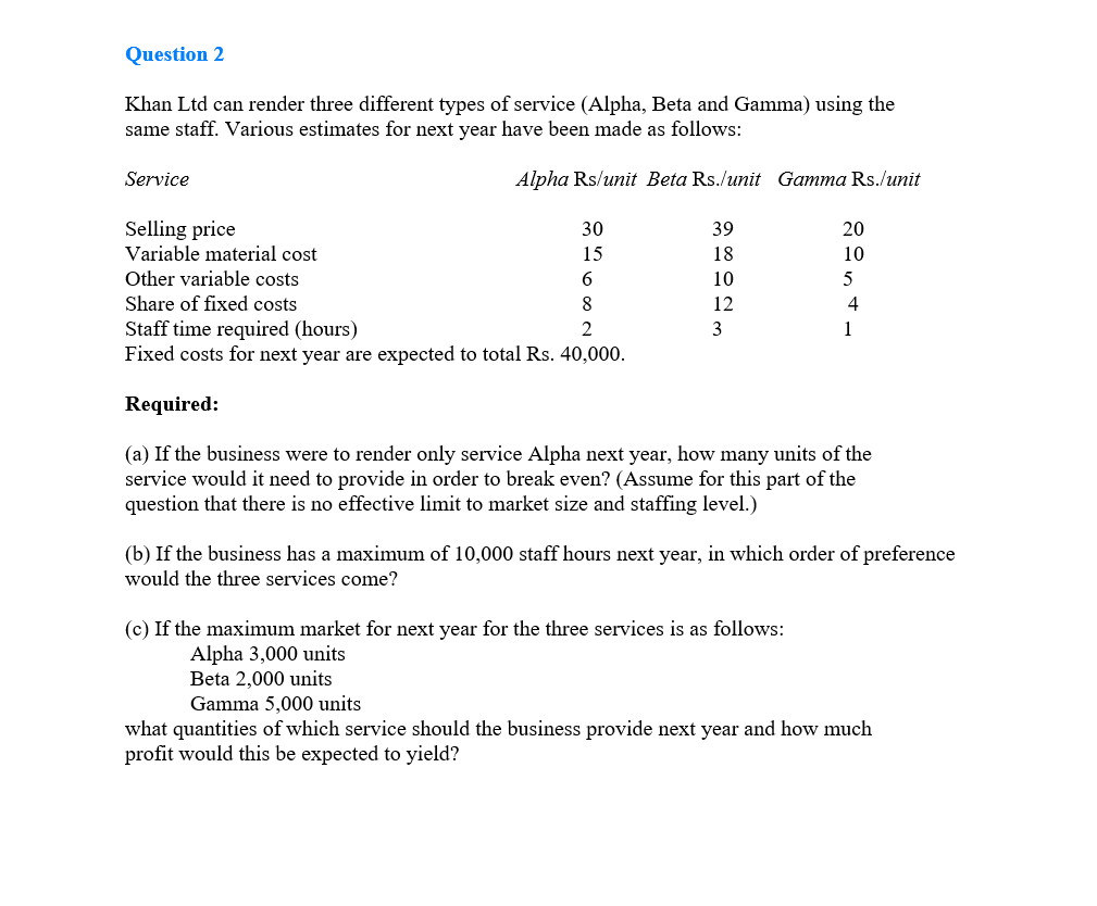 Question 2 Khan Ltd can render three different types of service