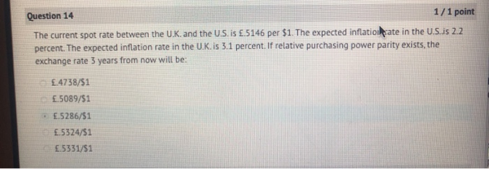  1/1 point Question 14 The current spot rate between the U.K.