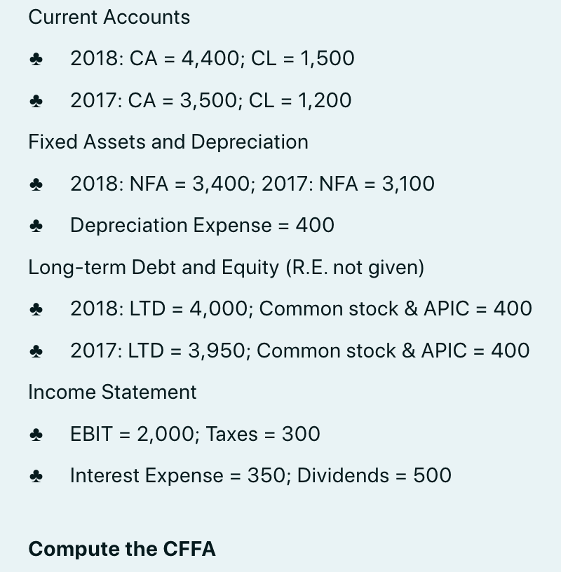 2017: CA = 3,500; CL = 1,200 = Fixed Assets and Depreciation