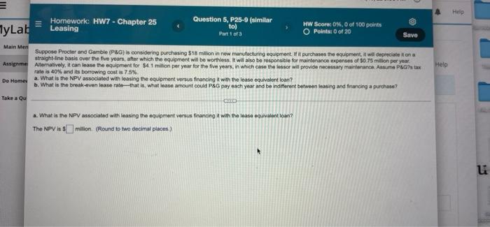  = Help WyLab Homework: HW7 - Chapter 25 Leasing Question 5,