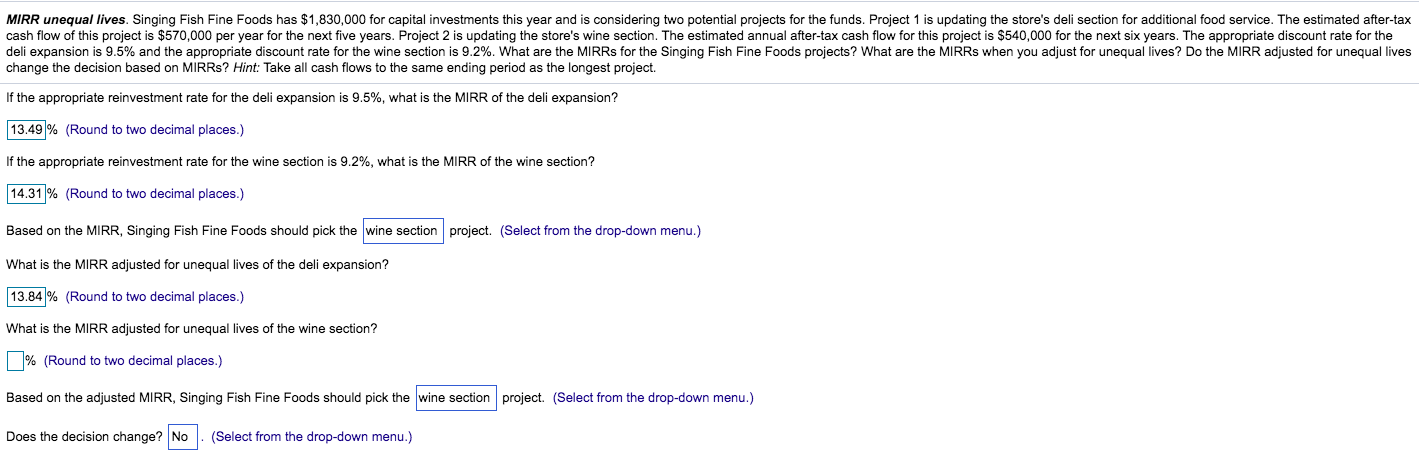 Need help finding the MIRR adjusted for the wine section MIRR unequal