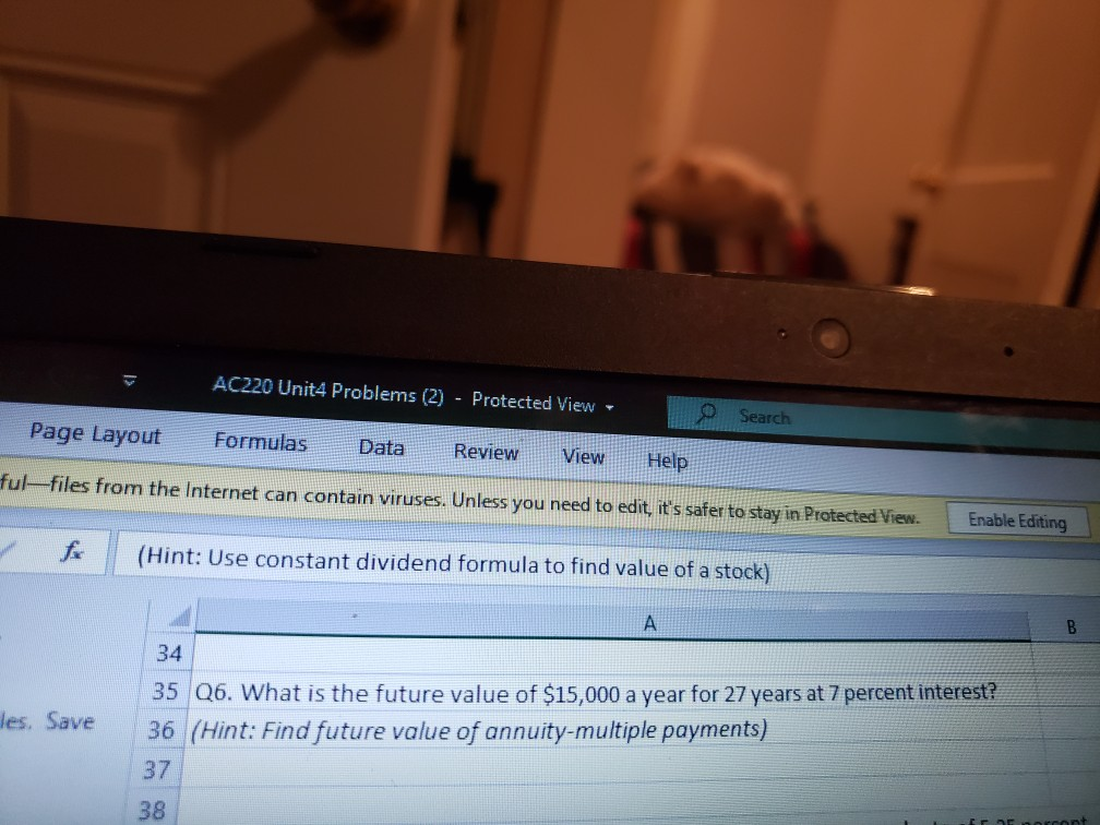 please screenshot problem worked from excel worksheet AC220 Unit4 Problems (2)