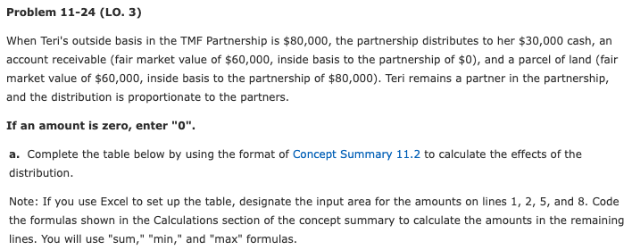 Problem 11-24 (LO. 3) When Teri's outside basis in the TMF