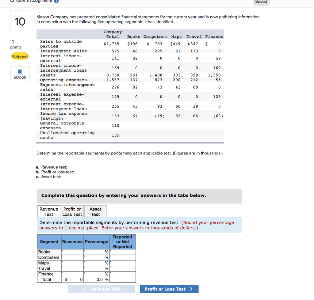 please complete the question apter Assignment Saved Mason Company has prepared consolidated