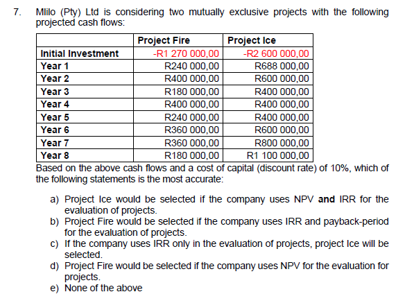 Milo (Pty) Ltd is considering two mutually exclusive projects with the
