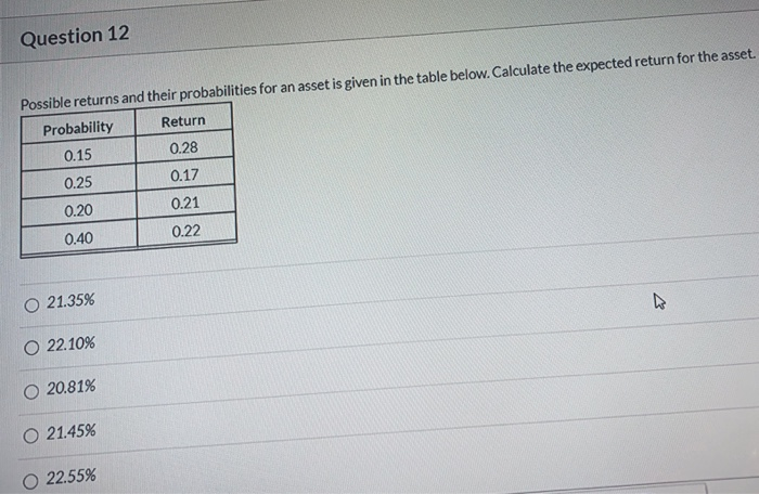  Question 12 Possible returns and their probabilities for an asset is