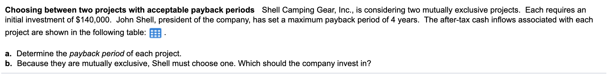 Choosing between two projects with acceptable payback periods Shell Camping Gear,