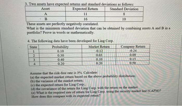 please help! 3. Two assets have expected returns and standard deviations as