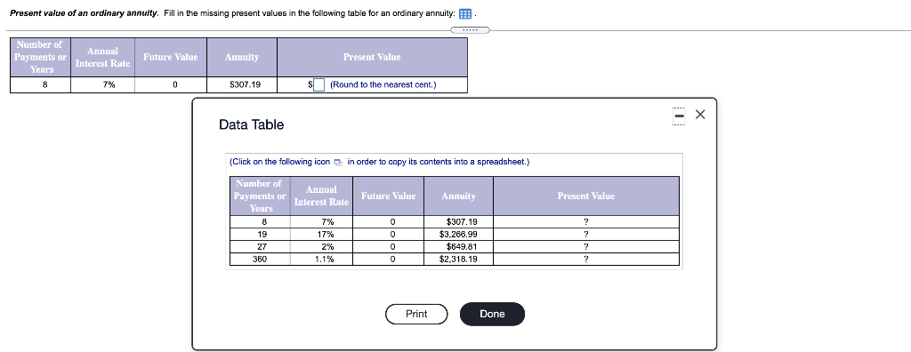  Present value an ordinary annuity. Fill in the missing present values