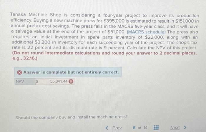 incorrect answer Tanaka Machine Shop is considering a four-year project to improve