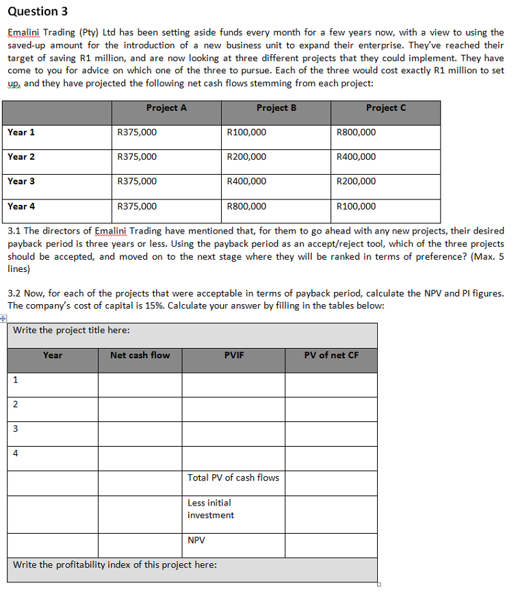  Question 3 Emalini Trading (Pty) Ltd has been setting aside funds