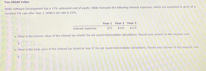 Need help! Tax Shield Value Wilde Software Development has a 13% unlevered