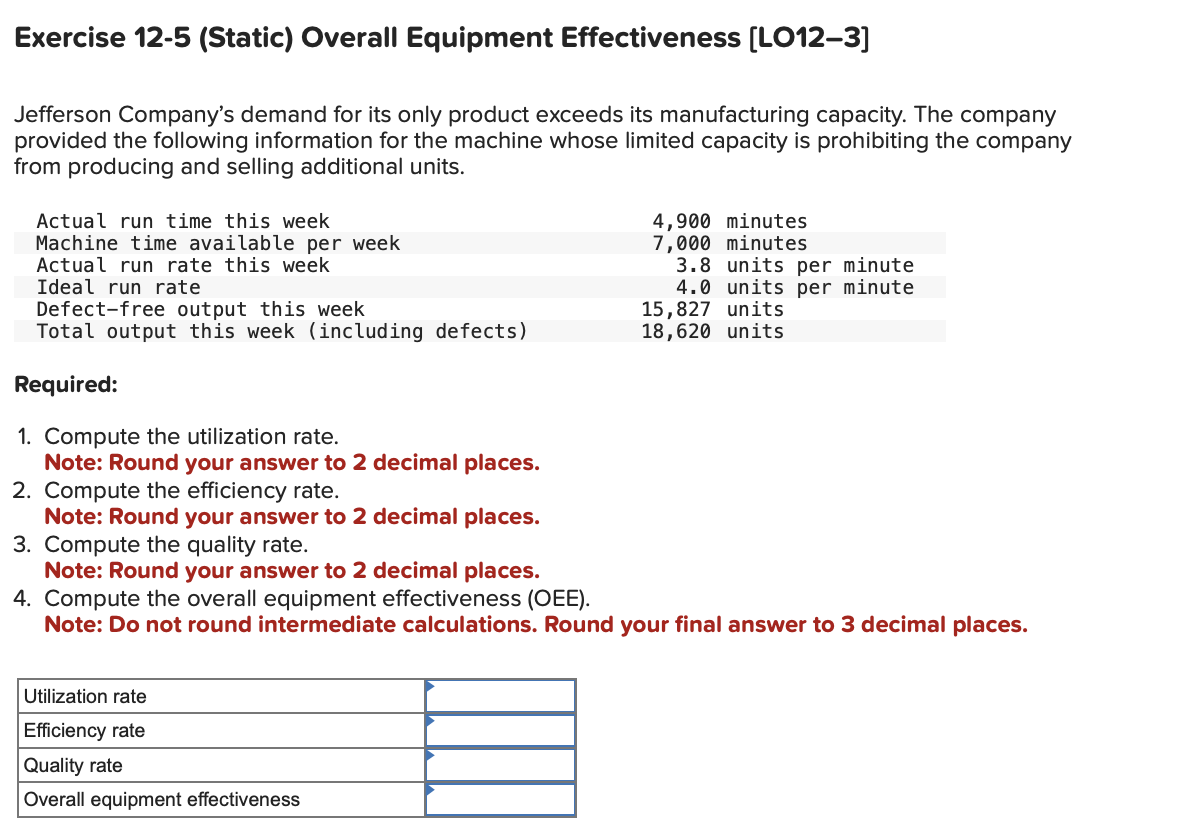  Exercise 12-5(Static) Overall Equipment Effectiveness [L012-3] Jefferson Company's demand for its
