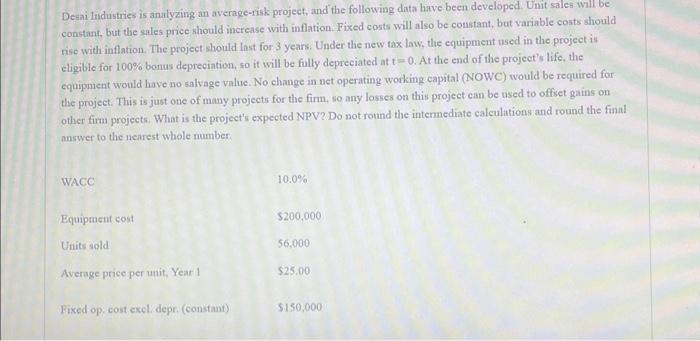 please help Decai lindustries is analyzing an average-risk project, and the following