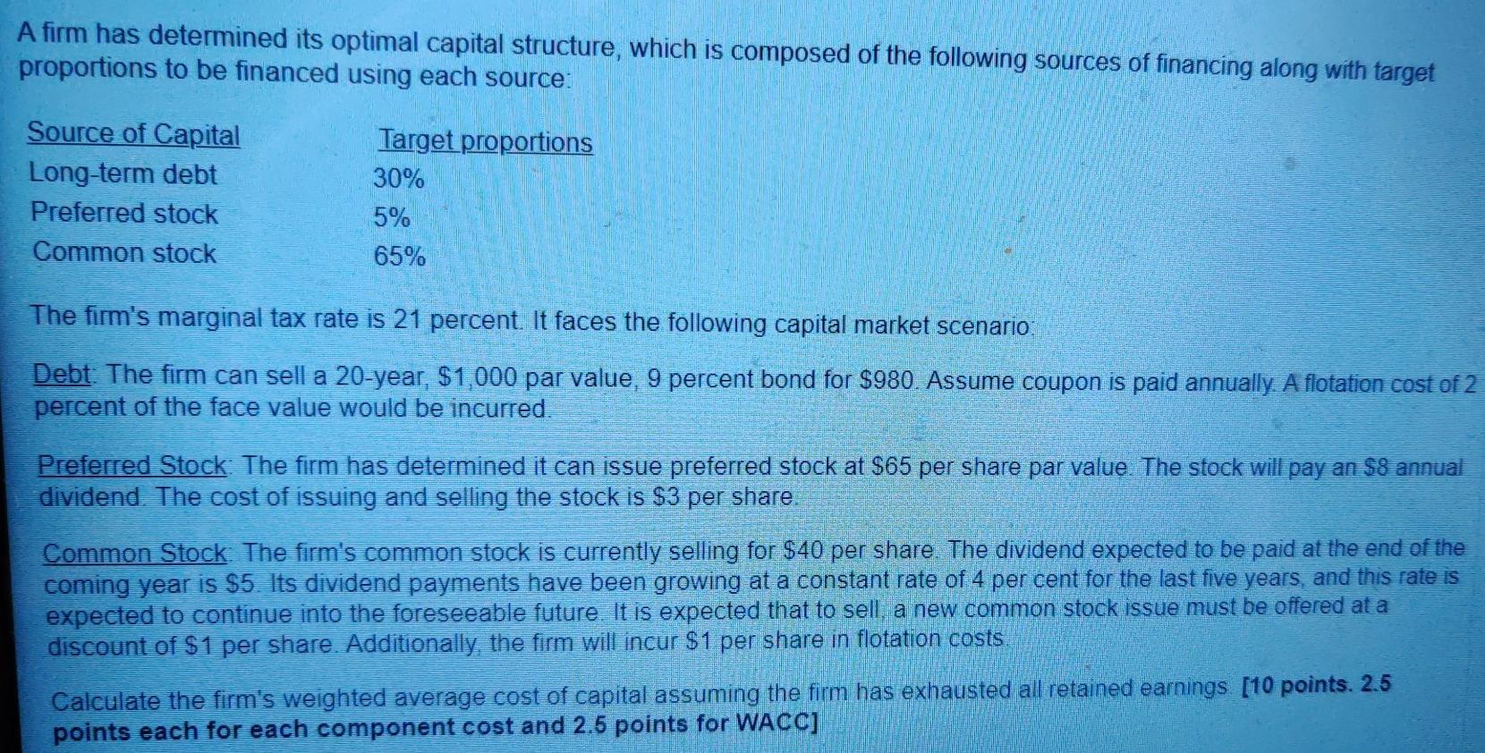ASAP please A firm has determined its optimal capital structure, which