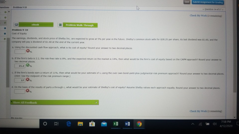  Save Submit Assignment for Grading uestions Problem 9-10 Question 14 of