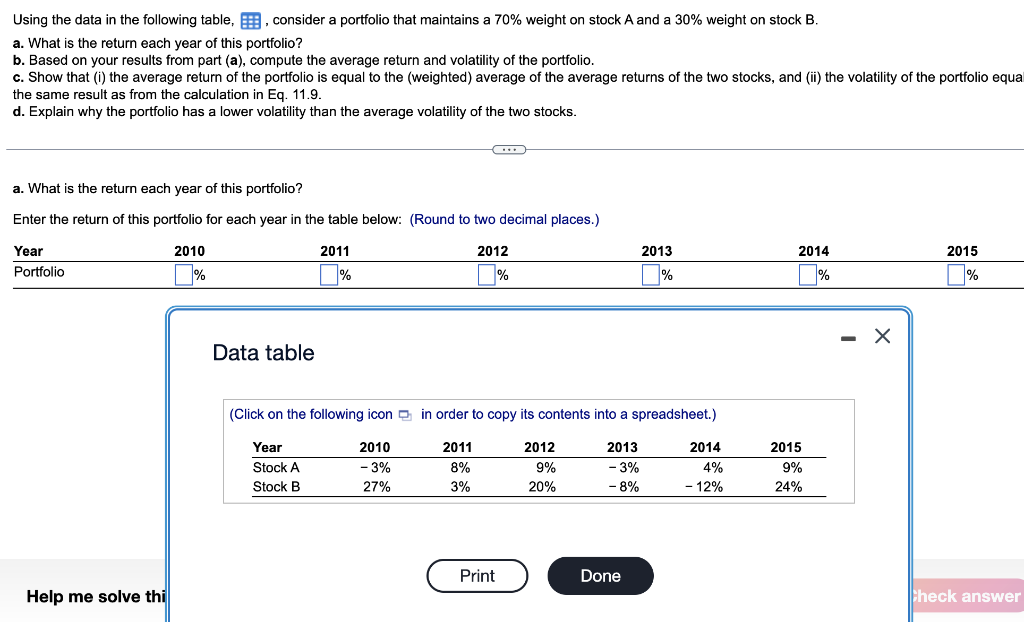Using the data in the following table, E, consider a portfolio