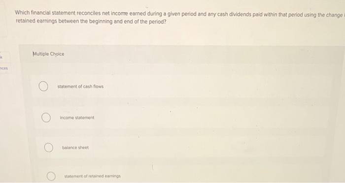  Which financial statement reconciles net income earned during a given period