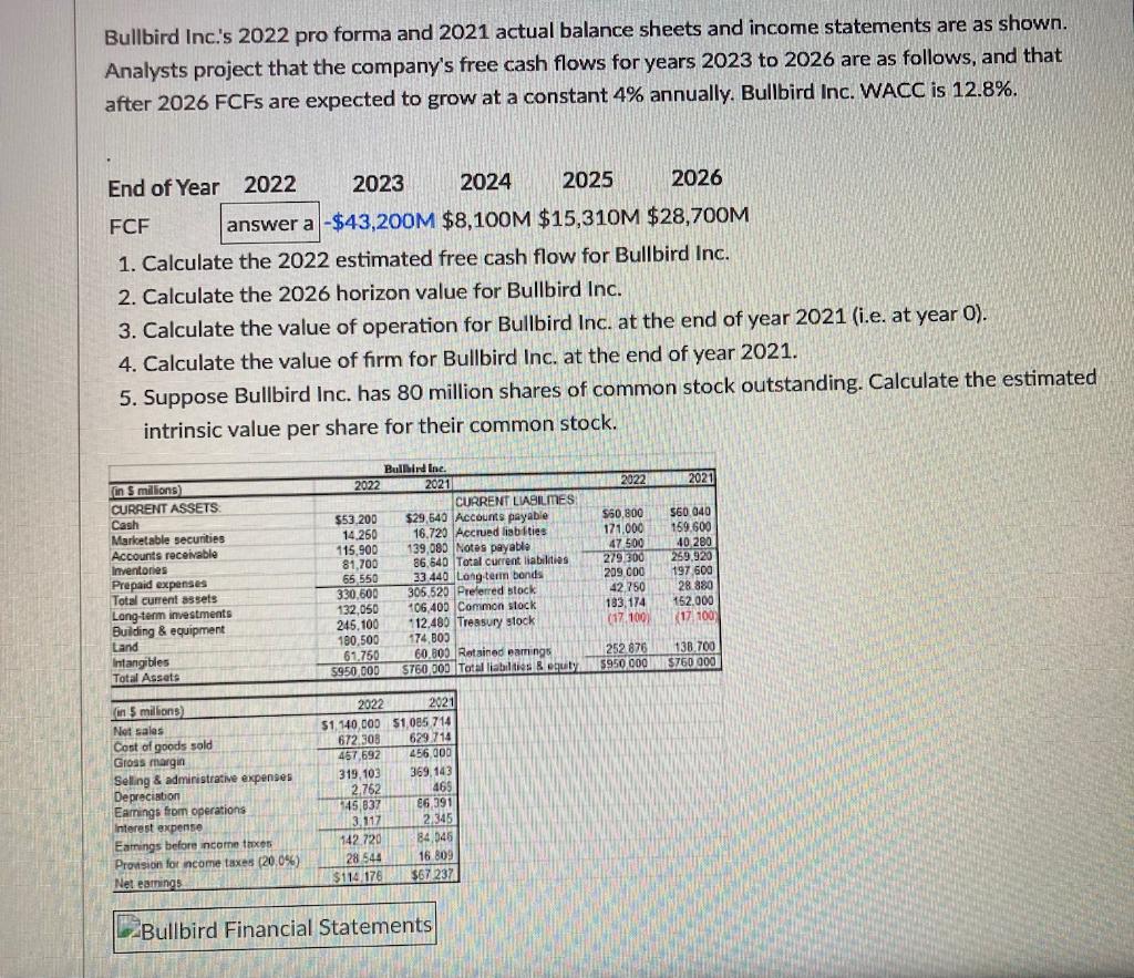 Please show your work in detail. Preferably using excel! Bullbird Inc.'s 2022