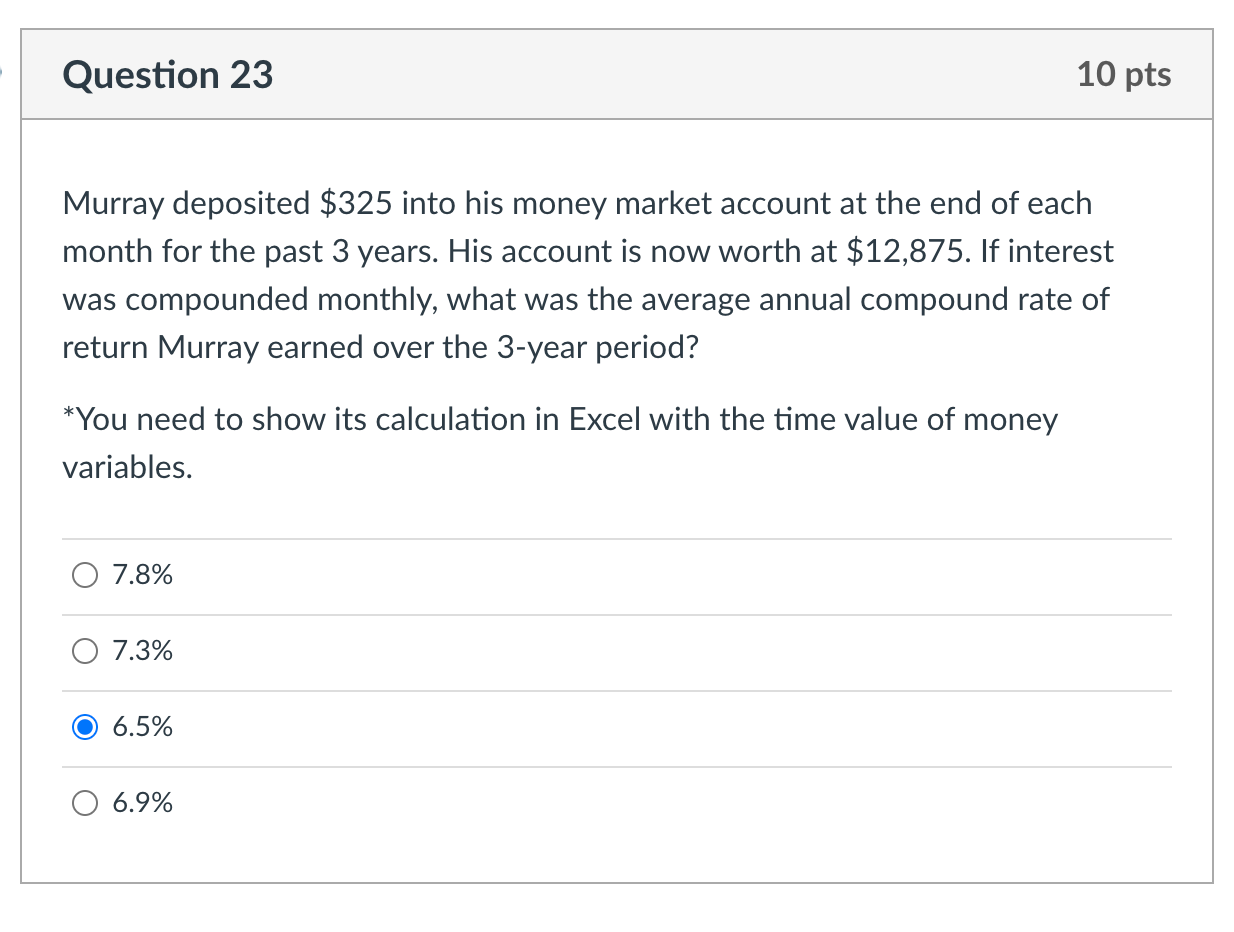 I need help with the excel function please Question 23 10 pts