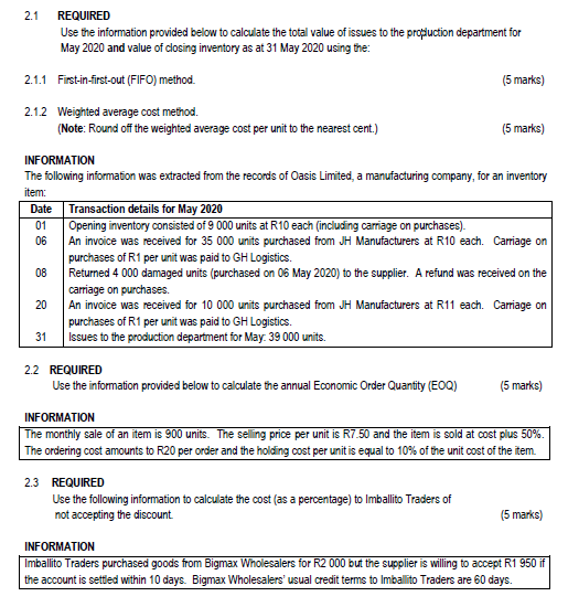 Module: Financial Planning & Control 2.1 REQUIRED Use the information provided below