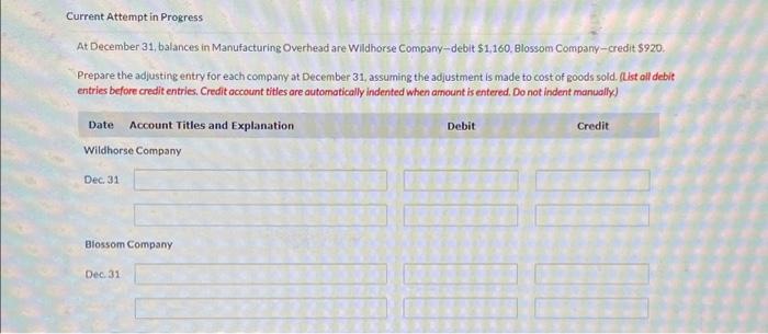  Current Attempt in Progress At December 31, balances in Manufacturing Overhead