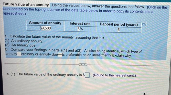  Future value of an annuity Using the values below, answer the