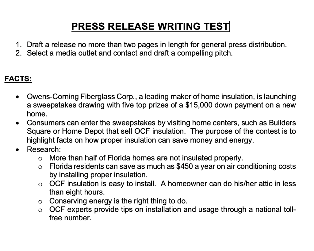  marketing PR PRESS RELEASE WRITING TEST 1. Draft a release no