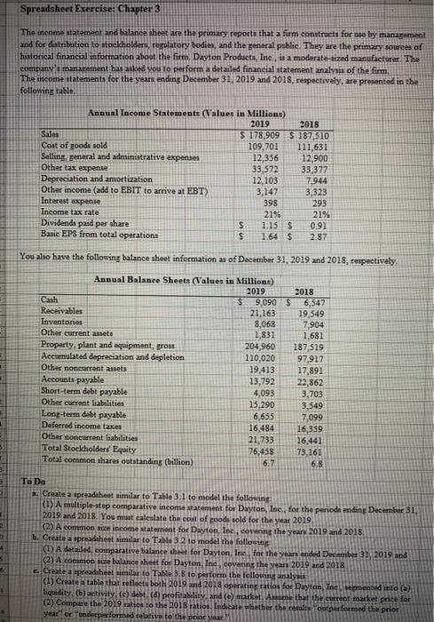 Spreadsheet Exercise: Chapter 3 The income statement and balance sheet are