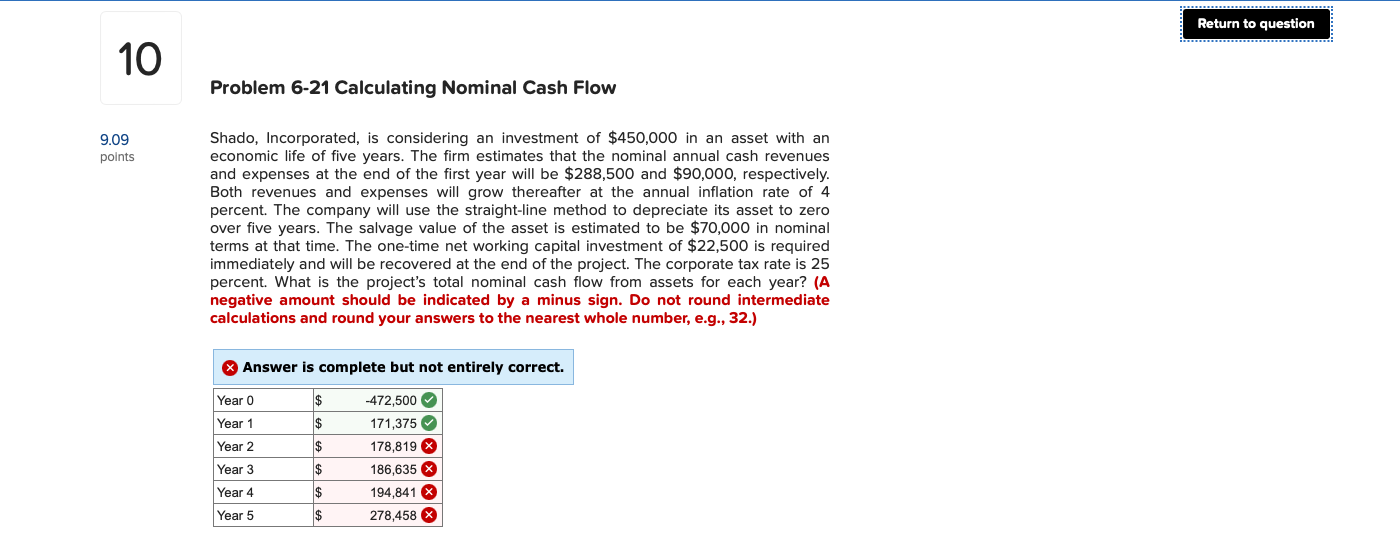  Return to question 10 Problem 6-21 Calculating Nominal Cash Flow 9.09