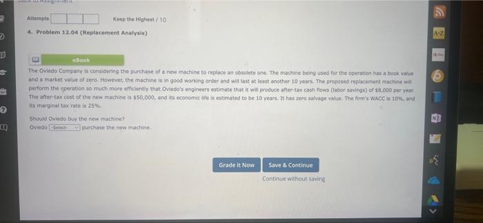  Attempt Koop the Highest 10 4. Problem 12.04 (Replacement Analysis) A-Z