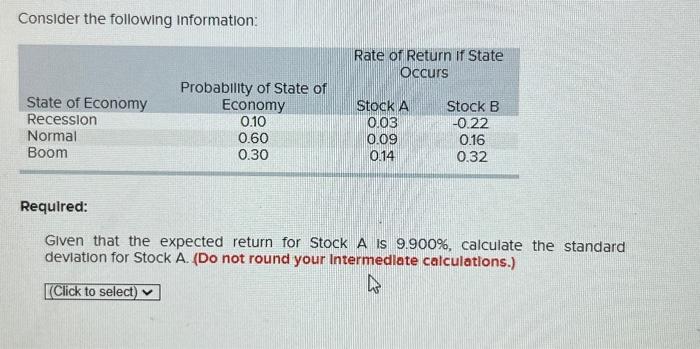  Consider the following information: Required: Given that the expected return for