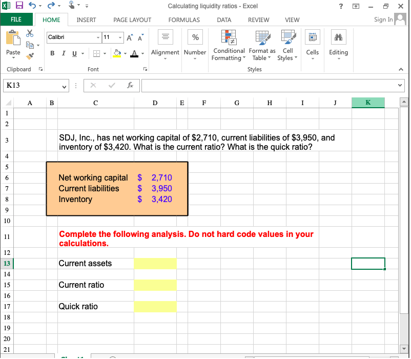 XAS = ? Calculating liquidity ratios - Excel FORMULAS DATA REVIEW