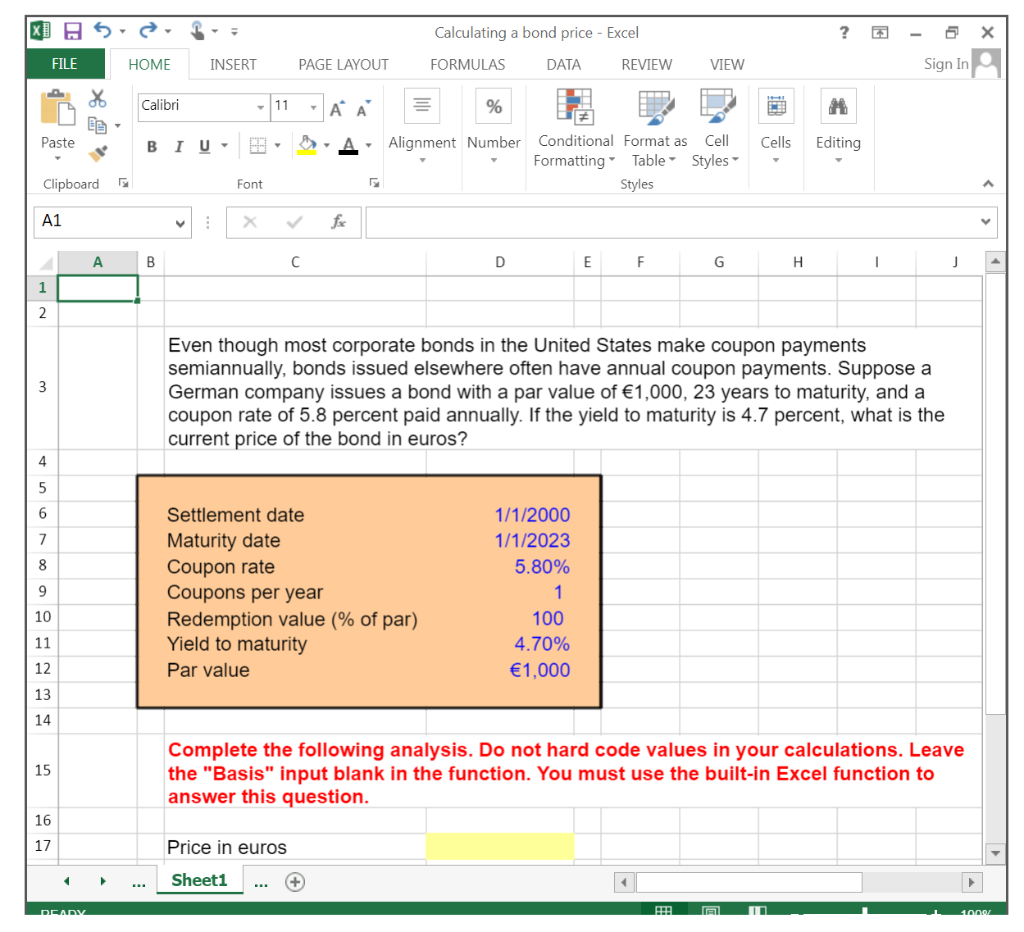  X A5 Calculating a bond price - Excel - X 1