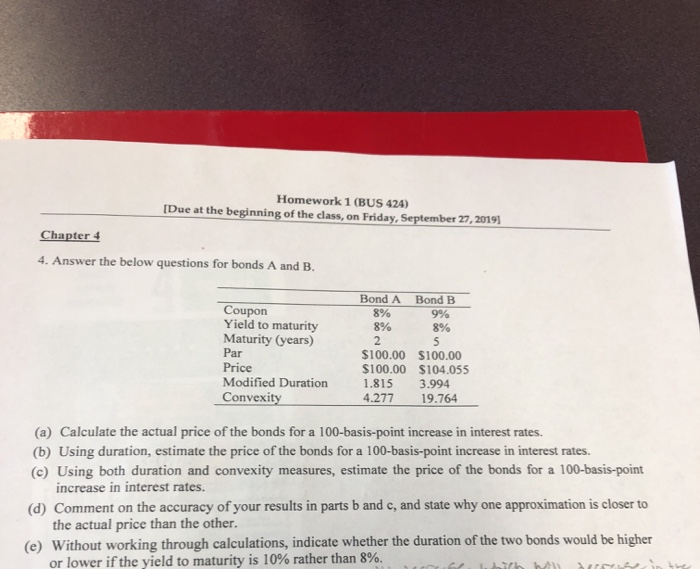 Yield to maturity Maturity (years) Par Price Modified Duration Convexity Bond A