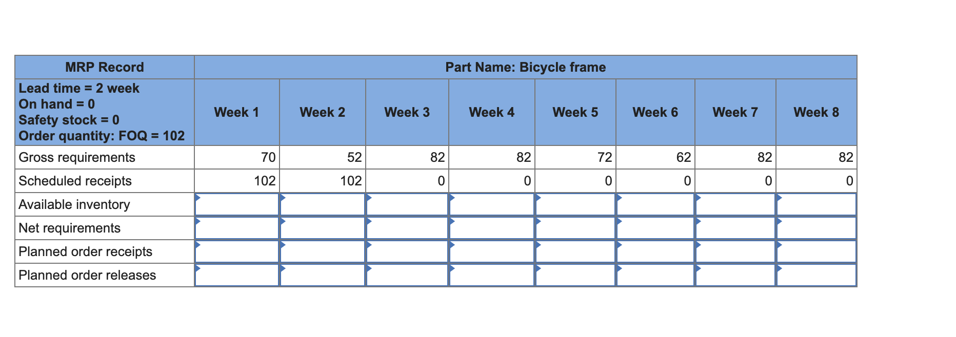 lot-sizing strategy. Repeat using a fixed order quantity of 102 frames. Compare